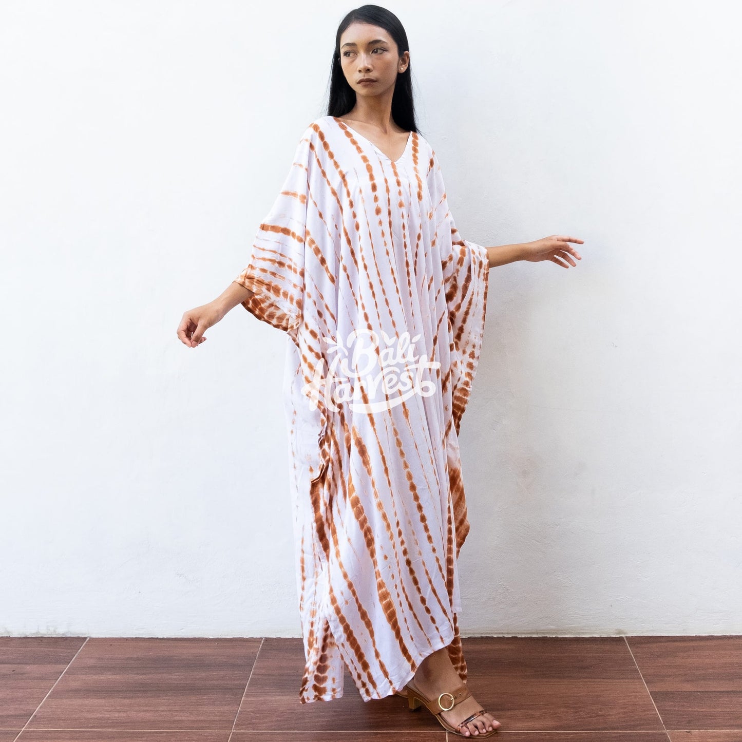 Tie Dye Kaftan Resort Dress (White Brown)