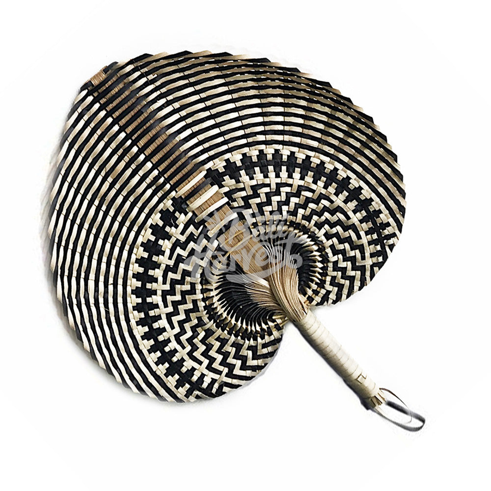 Woven Straw Hand Fan (Natural Black Stripe)