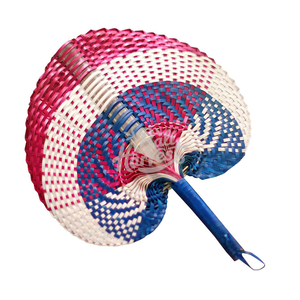 Woven Straw Hand Fan (Natural Blue Pink)